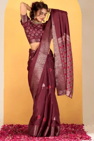 Luxurious Maroon Soft Dola Silk Saree with Exquisite Woven Design