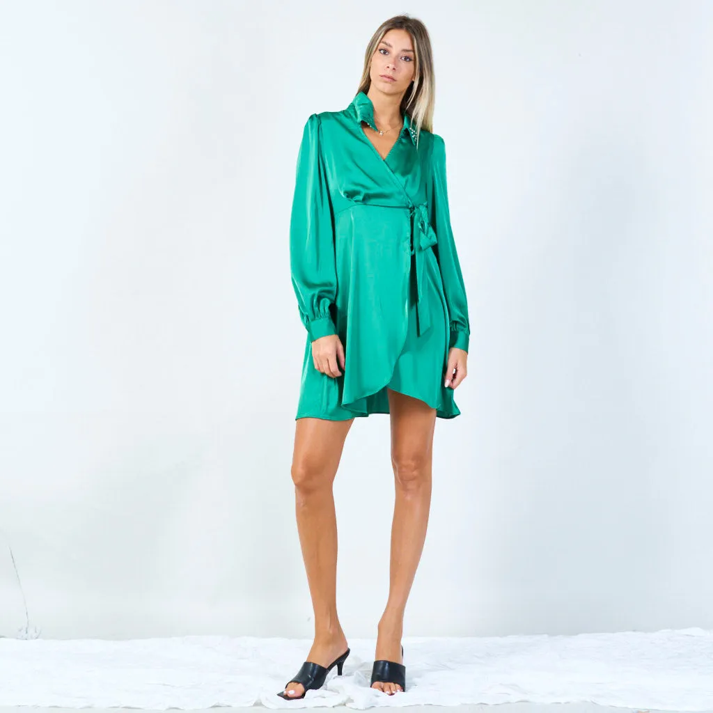 Satin wrap dress with studded collar wholesale