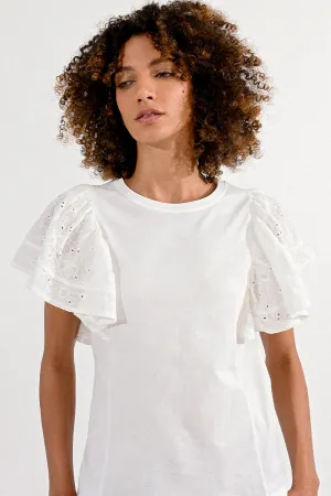 White Tee w Ruffled Eyelet Sleeve