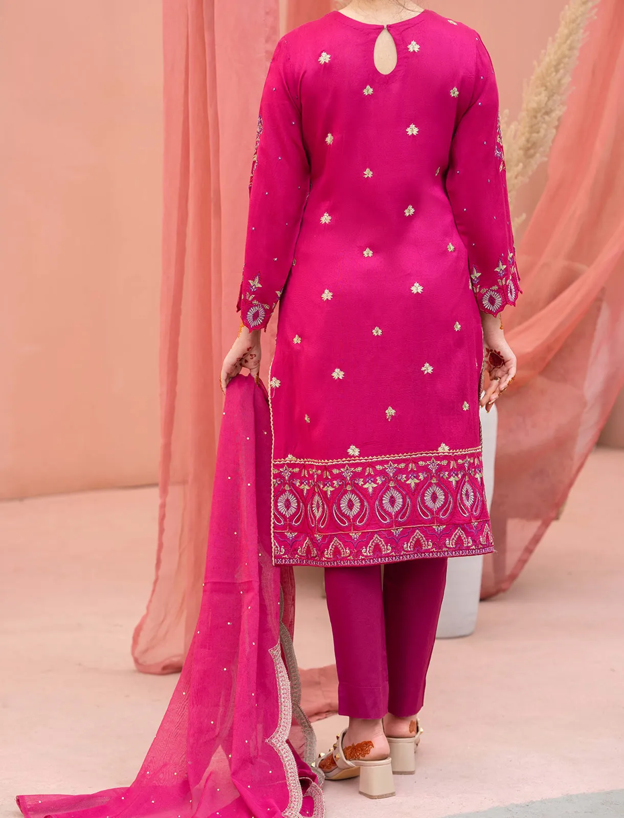 Women "FILIZ" Embroidered Cotton Net Three Piece Suit